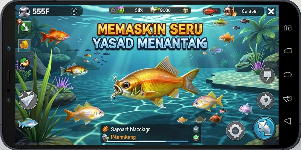 Tangkapan layar permainan 555F menampilkan aksi memancing yang seru dan indah.
