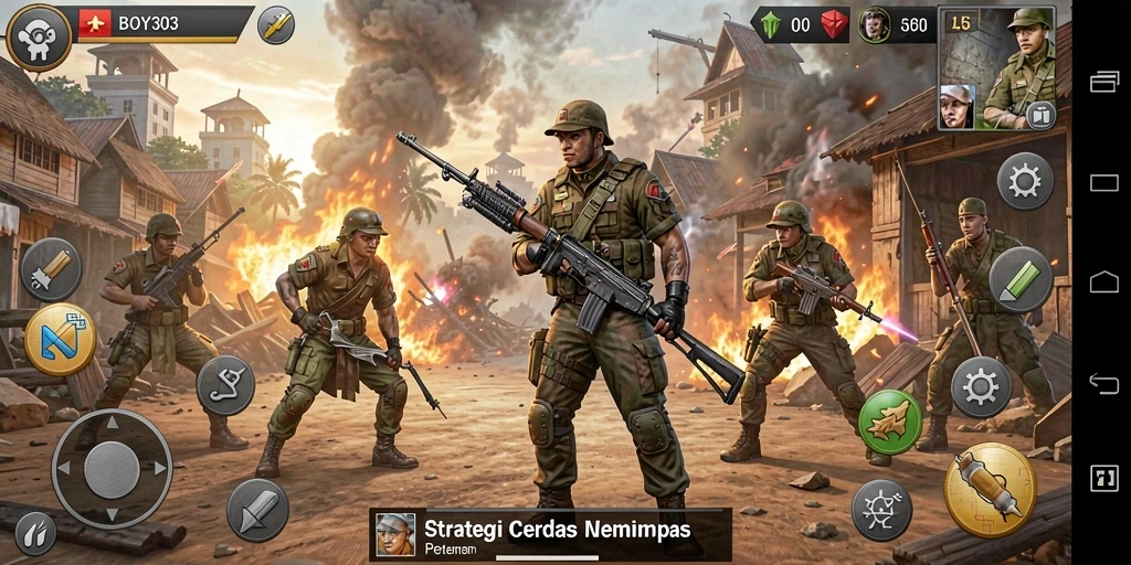 Screenshot gameplay BOY303 menampilkan pertempuran strategi yang intens.