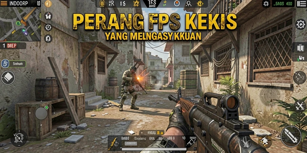 Screenshot gameplay INDORP menunjukkan aksi tembak-menembak yang intens.