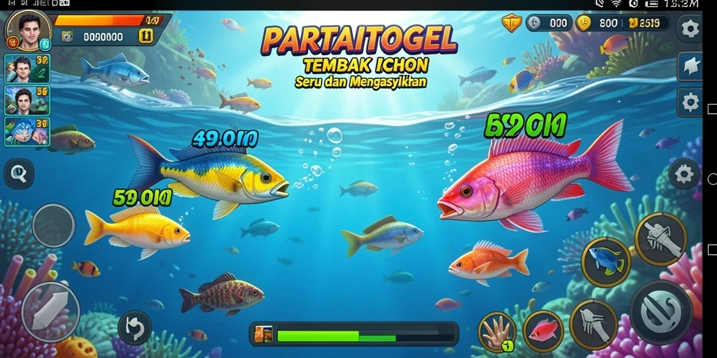 Tampilan gameplay seru dari PARTAITOGEL, menembak ikan dengan berbagai senjata.