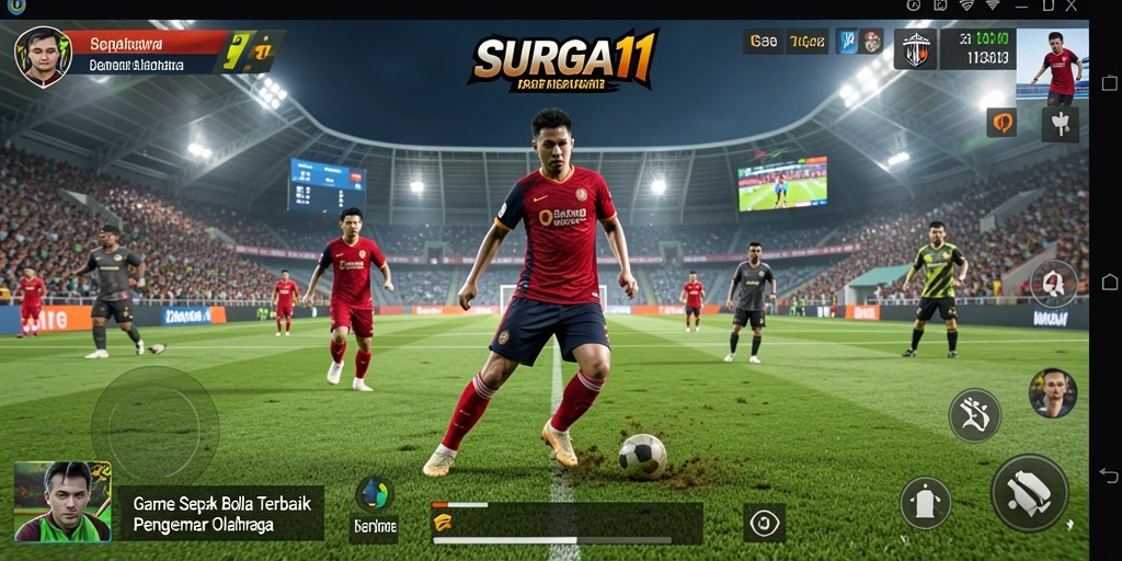 Tangkapan layar gameplay SURGA11 menampilkan aksi sepak bola yang mendebarkan.